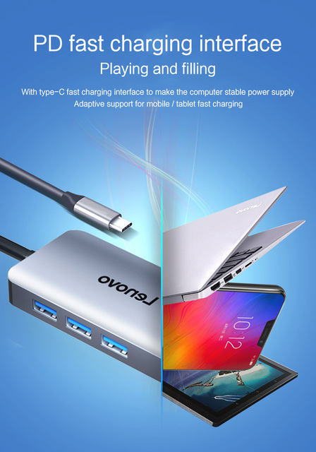 Lenovo USB-C HUB typ C na Multi USB 3.0 HDMI VGA - adapter dock dla MacBook Pro i MateBook, akcesoria do laptopów USB-C z portem Splitter - Wianko - 16