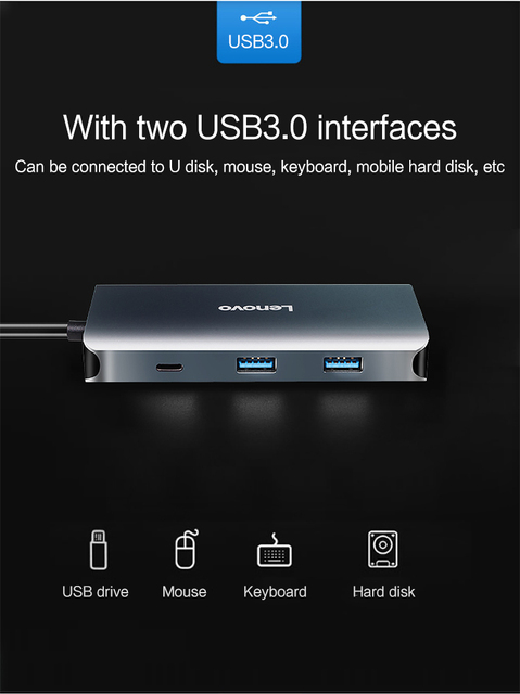 Lenovo USB-C HUB typ C na Multi USB 3.0 HDMI VGA - adapter dock dla MacBook Pro i MateBook, akcesoria do laptopów USB-C z portem Splitter - Wianko - 3