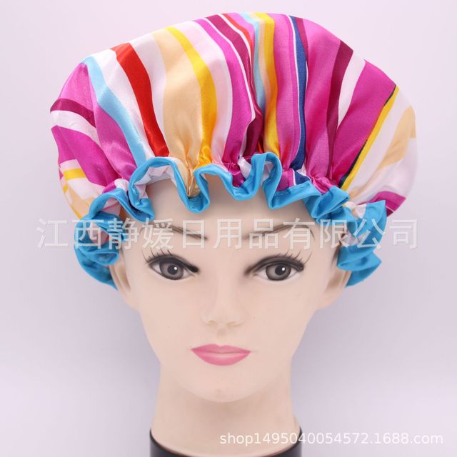 Dopracowany tytuł: Drukowany kolor satynowe tkanina PEVA panie czepek prysznicowy z kapturem i maską - wodoodporny, podwójny, na suche włosy - Wianko - 36