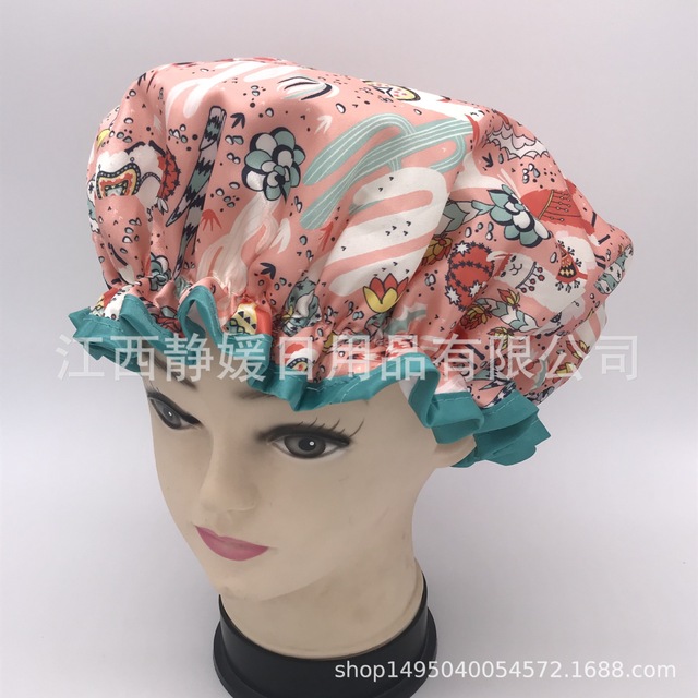Dopracowany tytuł: Drukowany kolor satynowe tkanina PEVA panie czepek prysznicowy z kapturem i maską - wodoodporny, podwójny, na suche włosy - Wianko - 45