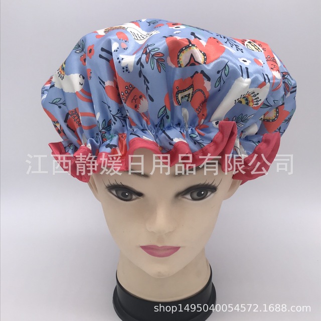 Dopracowany tytuł: Drukowany kolor satynowe tkanina PEVA panie czepek prysznicowy z kapturem i maską - wodoodporny, podwójny, na suche włosy - Wianko - 47