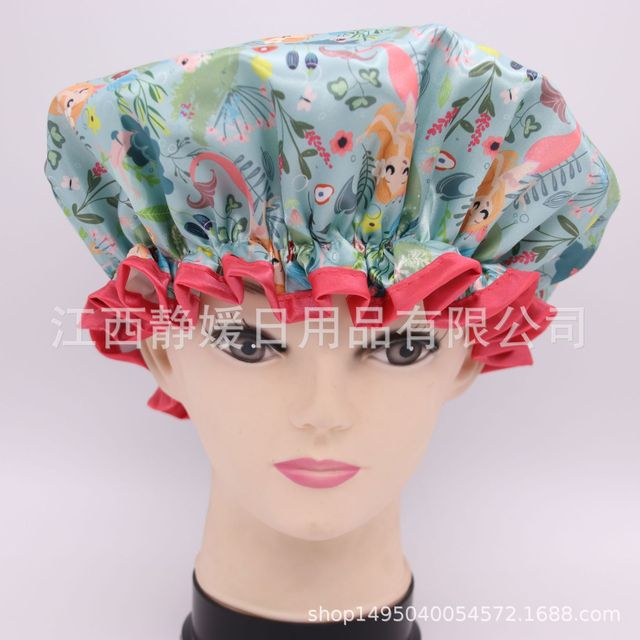 Dopracowany tytuł: Drukowany kolor satynowe tkanina PEVA panie czepek prysznicowy z kapturem i maską - wodoodporny, podwójny, na suche włosy - Wianko - 37