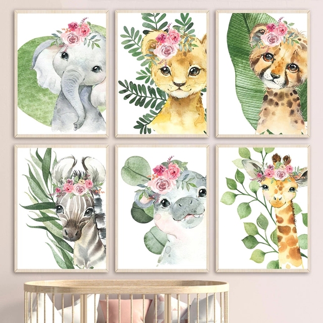 Plakat malarski z niestandardowym imieniem dziecka - tygrys, lew, żyrafa, zebra, liść - malarstwo na płótnie do dziecięcego pokoju - Wianko - 6
