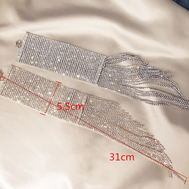 Luksusowy bransoletka łańcuszkowa z błyszczącymi rhinestonami, długim tassel-em i 22 rzędami dla kobiet - biżuteria ślubna dla nowożeńców - Wianko - 1