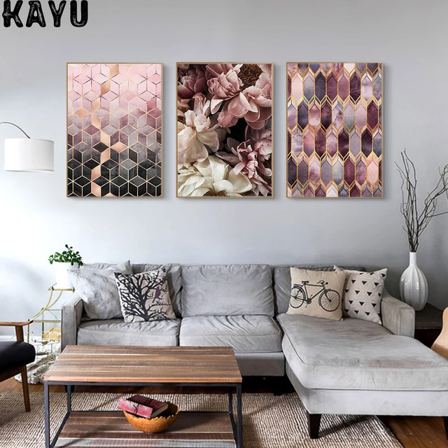 Plakat skandynawski malarstwo kwiaty różowy szary wzór płótno nowoczesny dekoracja do salonu - Wianko - 3