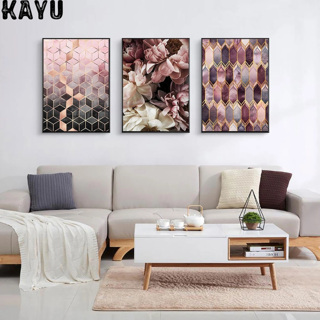 Plakat skandynawski malarstwo kwiaty różowy szary wzór płótno nowoczesny dekoracja do salonu - Wianko - 2