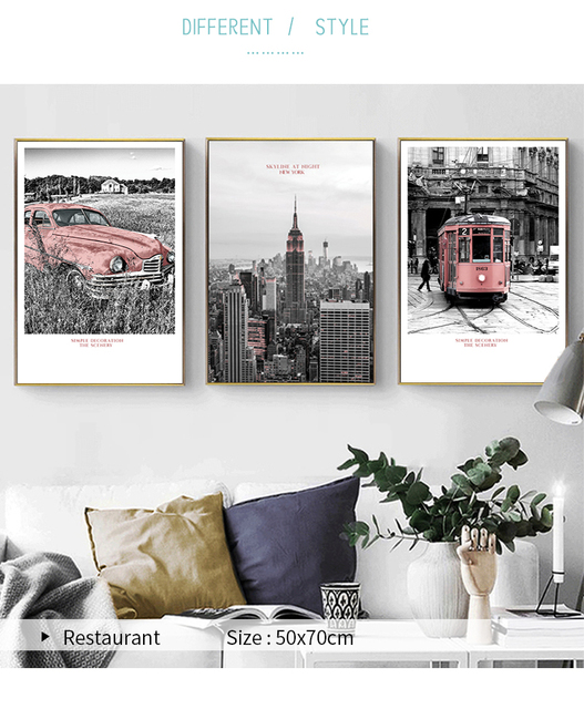 Dekoracje na płótnie Nowy Jork - budynek Tramcar samochody - obraz Vintage Nordic Wall Art do pokoju - Home Decor - Wianko - 8
