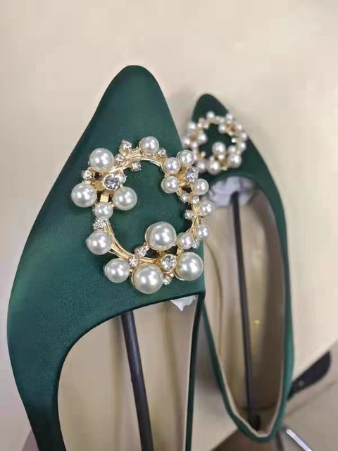 Zielone buty ślubne dla kobiet - rozmiar 31-44, z perłową klamrą, smukły nosek, miękka antypoślizgowa podeszwa - Wianko - 1