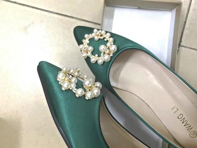 Zielone buty ślubne dla kobiet - rozmiar 31-44, z perłową klamrą, smukły nosek, miękka antypoślizgowa podeszwa - Wianko - 3