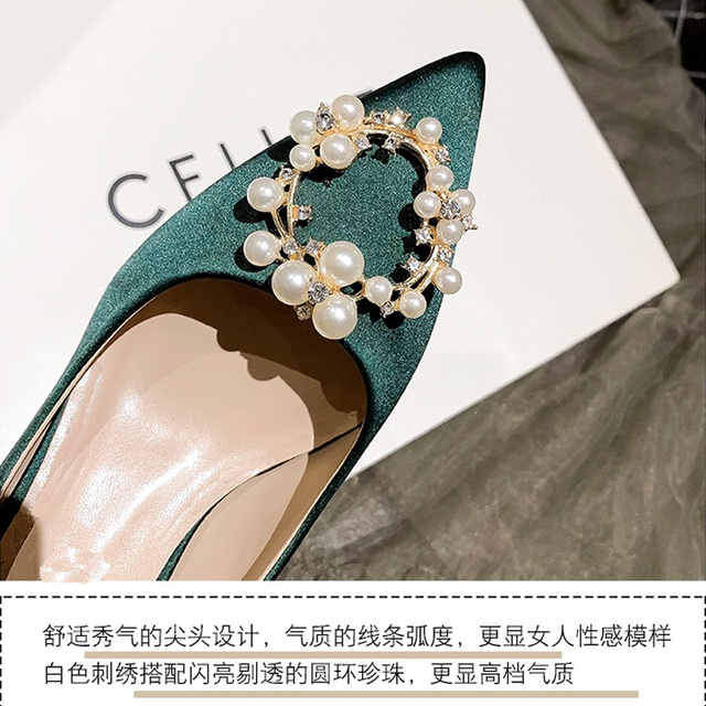 Zielone buty ślubne dla kobiet - rozmiar 31-44, z perłową klamrą, smukły nosek, miękka antypoślizgowa podeszwa - Wianko - 8