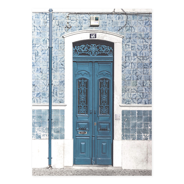 Malarstwo na płótnie przedstawiające abstrakcyjne islamskie niebieskie drzwi z kwiatowym motywem - dekoracja ściany do salonu i domu - Wianko - 1