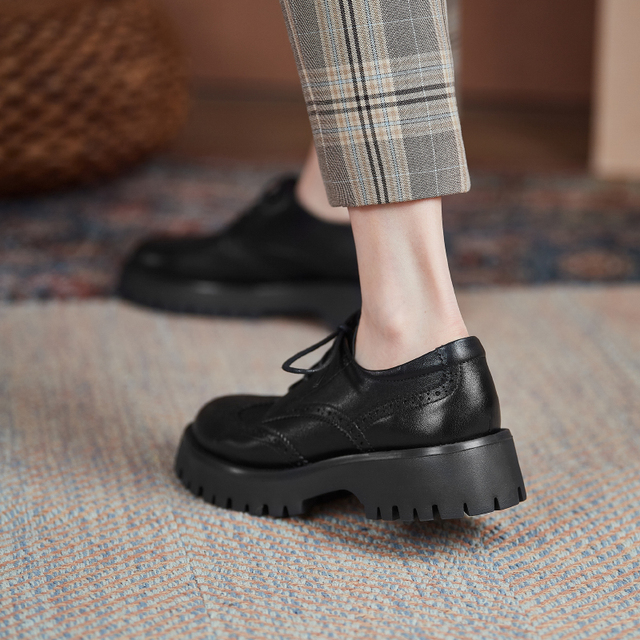 Czarne skórzane buty Derby Chunky Brogues Retro platforma Oxford dla kobiet - Wianko - 8