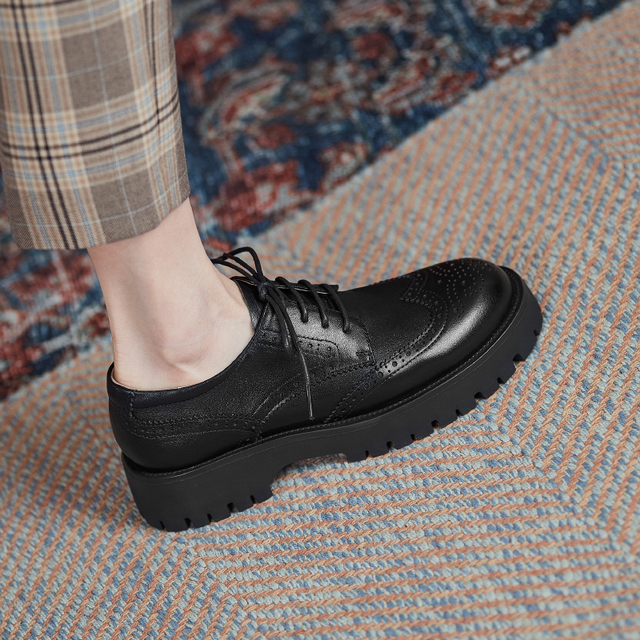 Czarne skórzane buty Derby Chunky Brogues Retro platforma Oxford dla kobiet - Wianko - 11