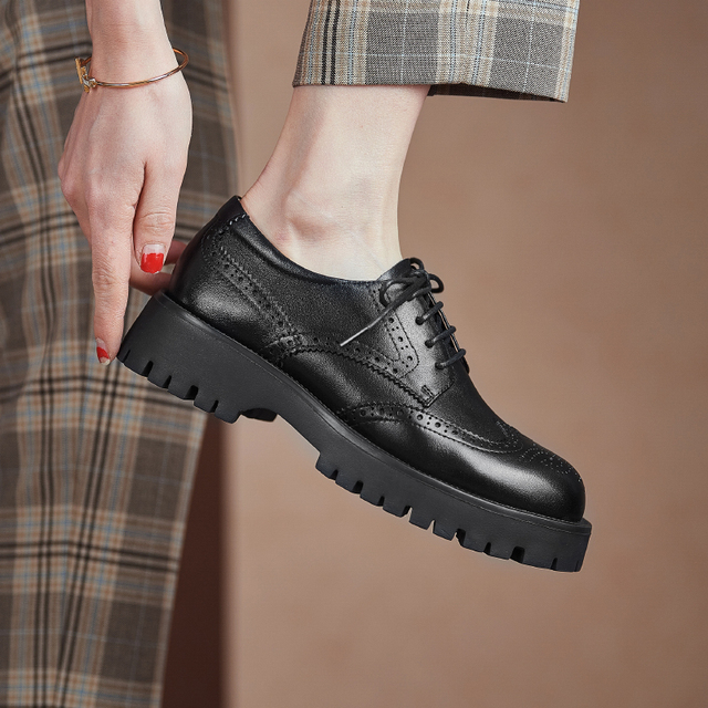 Czarne skórzane buty Derby Chunky Brogues Retro platforma Oxford dla kobiet - Wianko - 10