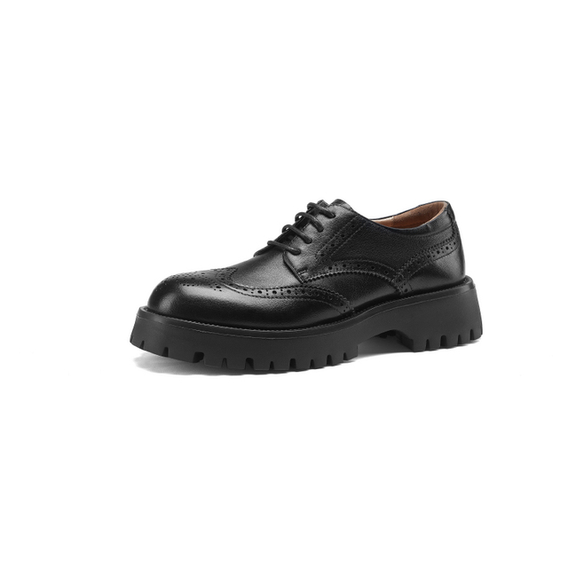 Czarne skórzane buty Derby Chunky Brogues Retro platforma Oxford dla kobiet - Wianko - 4