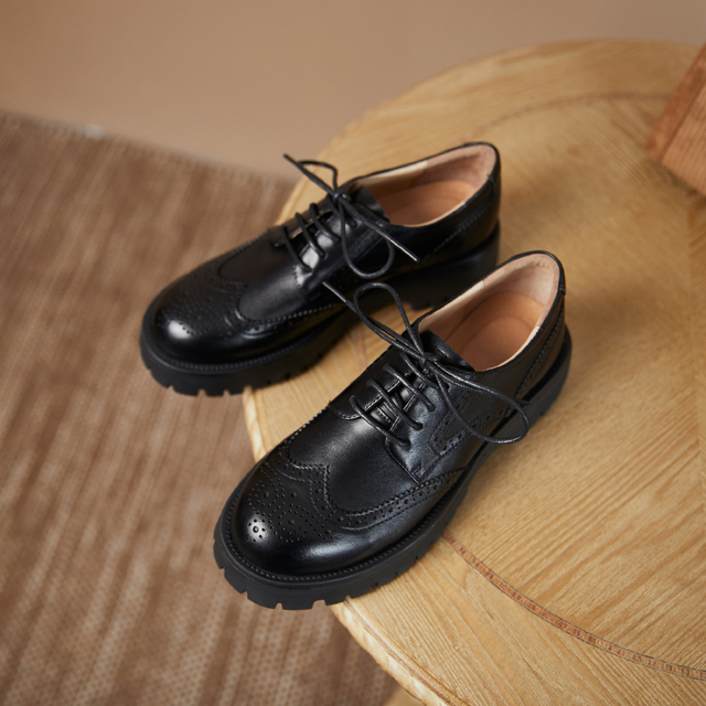 Czarne skórzane buty Derby Chunky Brogues Retro platforma Oxford dla kobiet - Wianko - 3