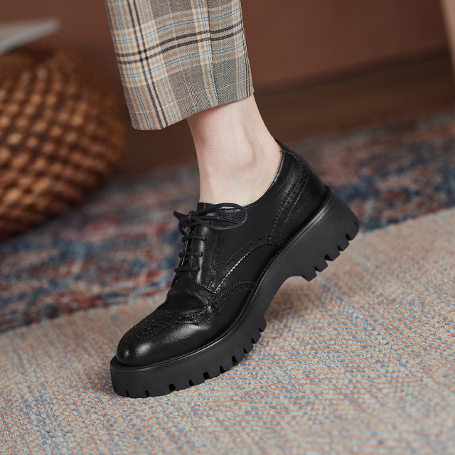Czarne skórzane buty Derby Chunky Brogues Retro platforma Oxford dla kobiet - Wianko - 9