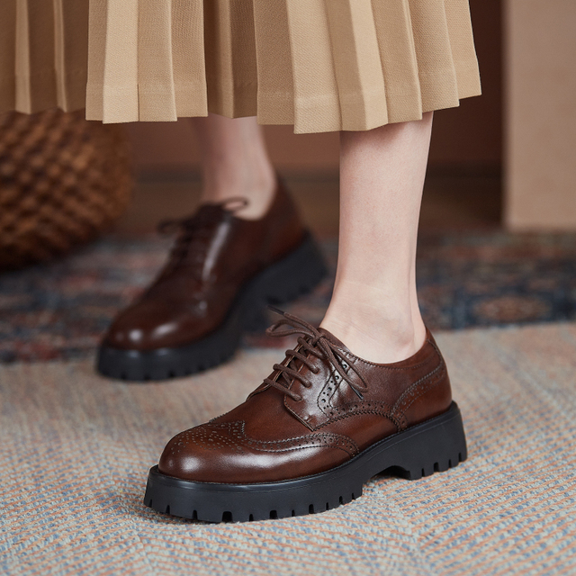 Czarne skórzane buty Derby Chunky Brogues Retro platforma Oxford dla kobiet - Wianko - 14