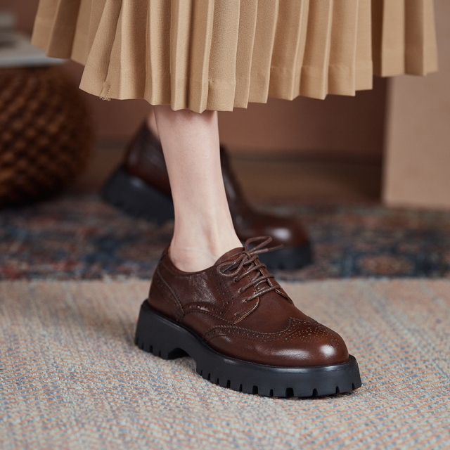 Czarne skórzane buty Derby Chunky Brogues Retro platforma Oxford dla kobiet - Wianko - 17