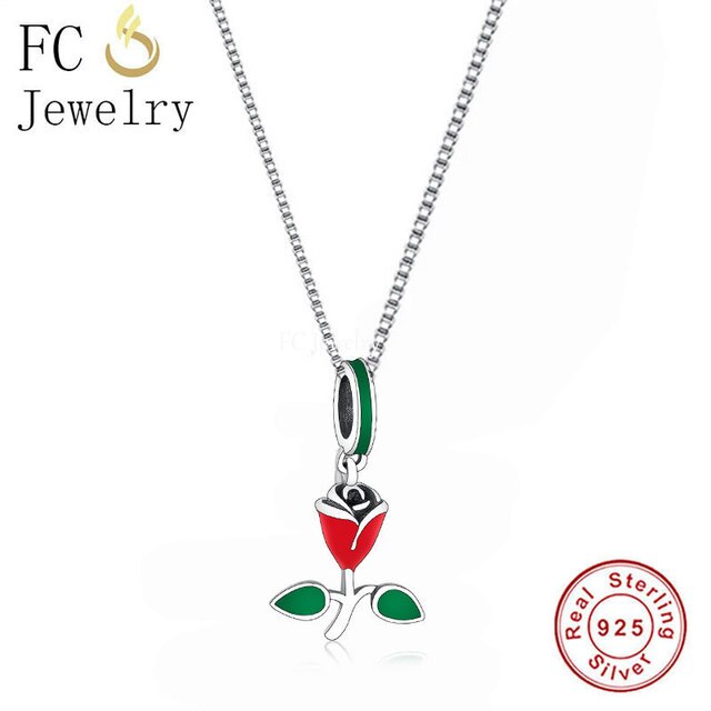 Srebrny naszyjnik z wisiorkiem kwiatu róży, czerwona emalia, 925 Sterling, dla kobiet, idealny na prezent dla przyjaciółki, żony i matki - Wianko - 1