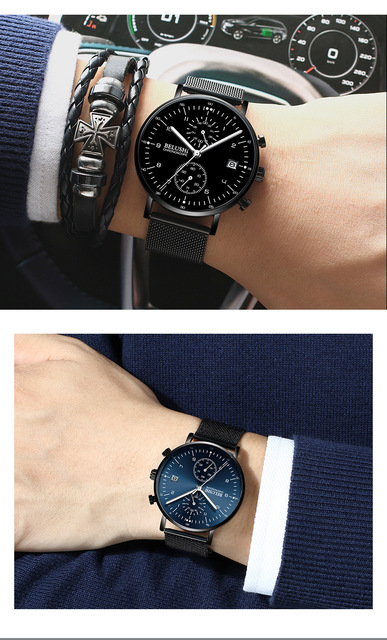 Męski zegarek kwarcowy siatka stalowa wodoodporny z małymi tarczami, chronografem, i datą - Wianko - 12