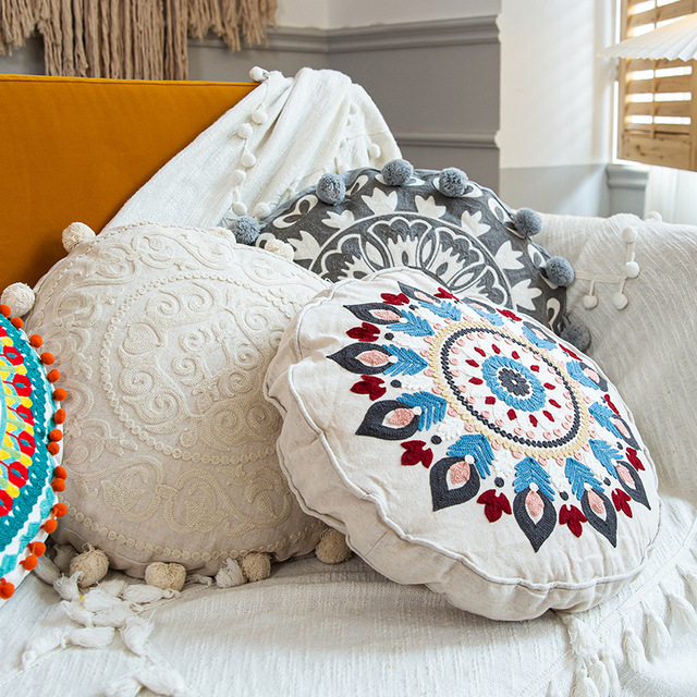 Poduszka okrągła haftowana Futon, puszysta, do dekoracji wnętrz, siedziska, cojines decorativos, na sofę z wypełnieniem - Wianko - 5