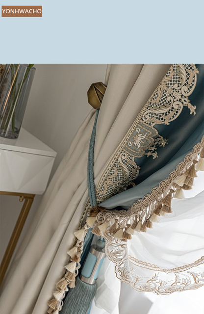 Niestandardowe francuskie zasłony willowe z luksusową koronką, tkanina zaciemniająca z jedwabiu sztucznego, beżowy panel tiulowy C723 - Wianko - 7