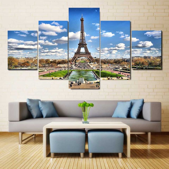 Plakaty i druki na ścianie - 5 paneli wieży Eiffla w Paryżu - dekoracja wnętrz do salonu - modułowe - bez ramki - Wianko - 3