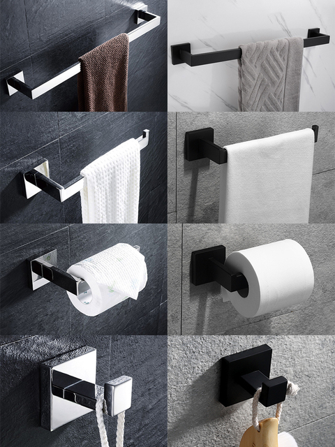 Zestaw akcesoriów łazienkowych ze stali nierdzewnej - czarny, 4-sztuki (uchwyt na papier toaletowy, wieszak na ręczniki, ręcznik pierścień, wieszak ścienny) - Wianko - 1