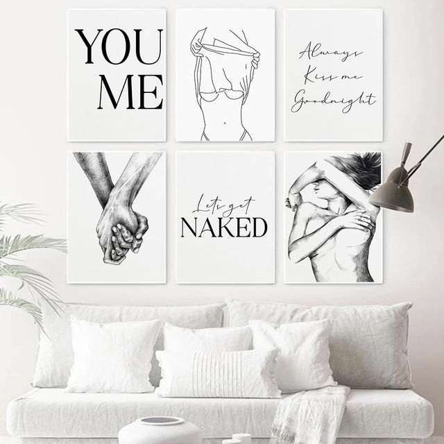 Czarno-biały szkic linii - Sexy obrazy kobiet na płótnie - ty mnie nagi plakat z cytatem - drukowany obraz zdjęcia - dekoracja sypialni - Wianko - 3