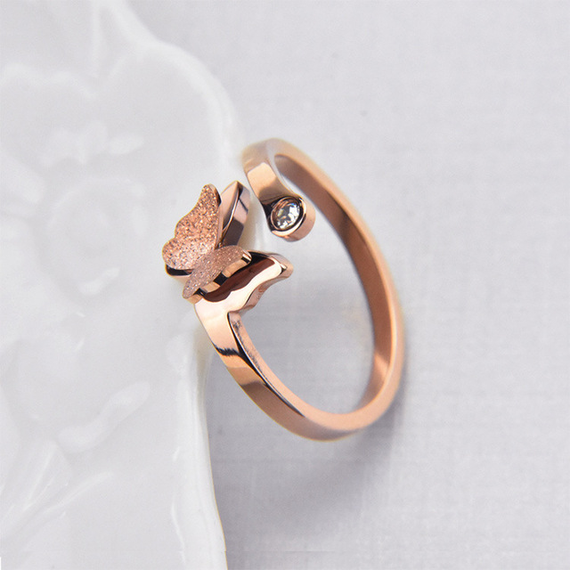 Różowy pierścień motylkowy z kryształami CZ, stal tytanowa, nowy produkt moda, biżuteria dla kobiet - Wianko - 4