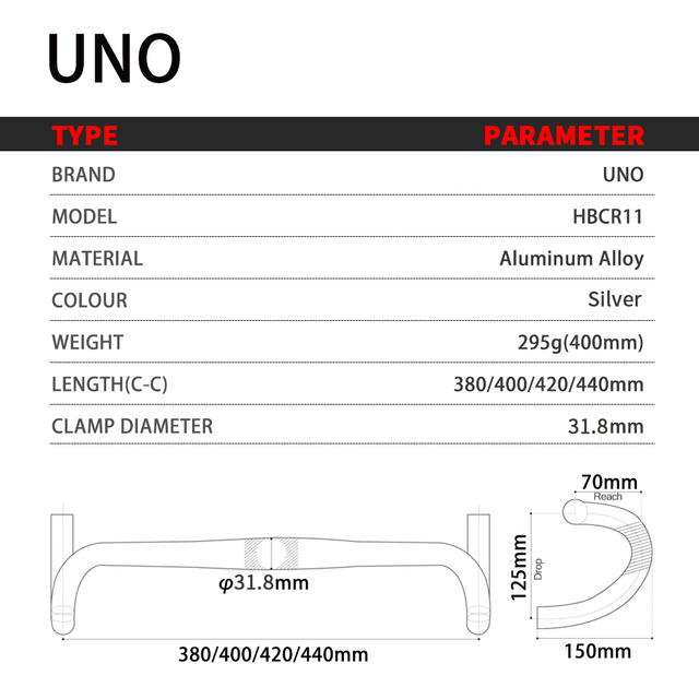 Kierownica rowerowa UNO szosowa srebrna, spadek Bar, wyścigowa uchwyt wygięty, szerokość 31,8mm, długość 380/400/420/440mm, ultralekki aluminium - Wianko - 3