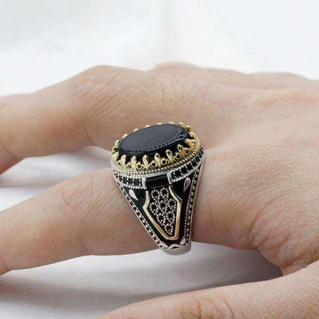Antyczny turecki pierścionek z onyksu w stylu retro z motywem złotego lotosu - Wianko - 39