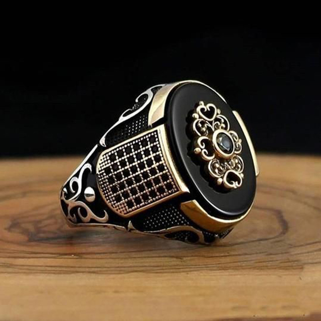 Antyczny turecki pierścionek z onyksu w stylu retro z motywem złotego lotosu - Wianko - 24