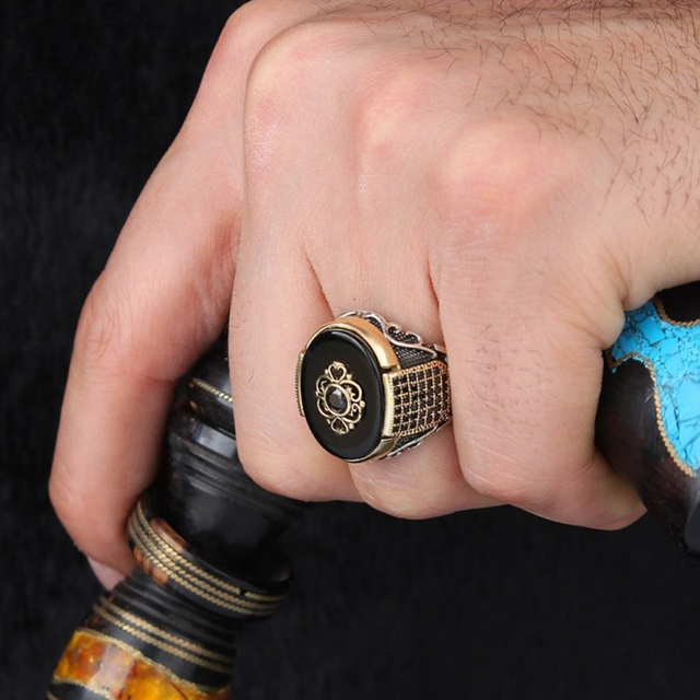 Antyczny turecki pierścionek z onyksu w stylu retro z motywem złotego lotosu - Wianko - 25