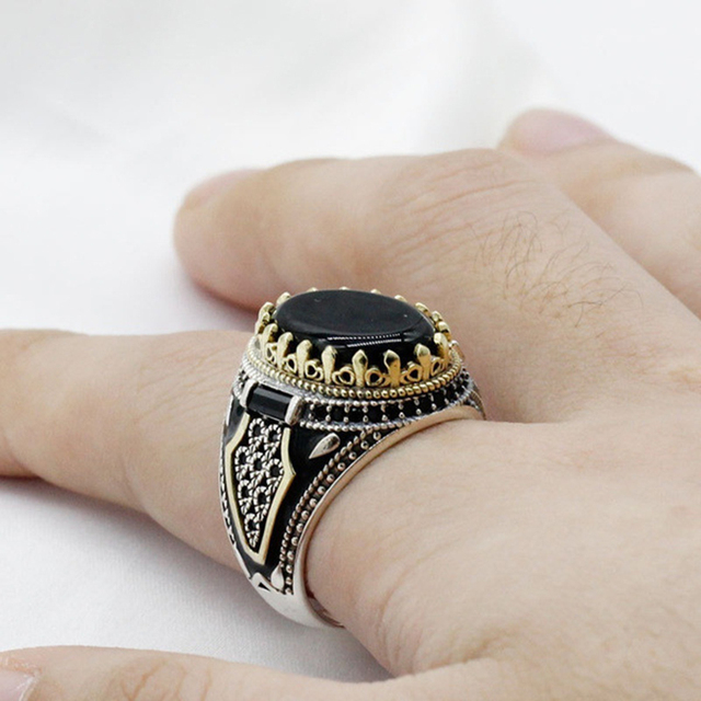 Antyczny turecki pierścionek z onyksu w stylu retro z motywem złotego lotosu - Wianko - 40