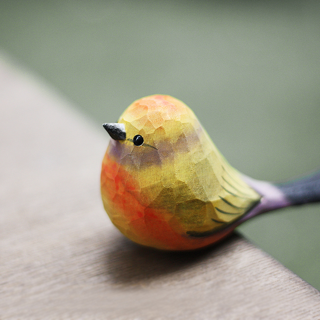 Ręcznie rzeźbiony drewniany kwiat ptaszek Warbler - kolorowa ozdoba w kategorii Figurki i miniatury - Wianko - 16