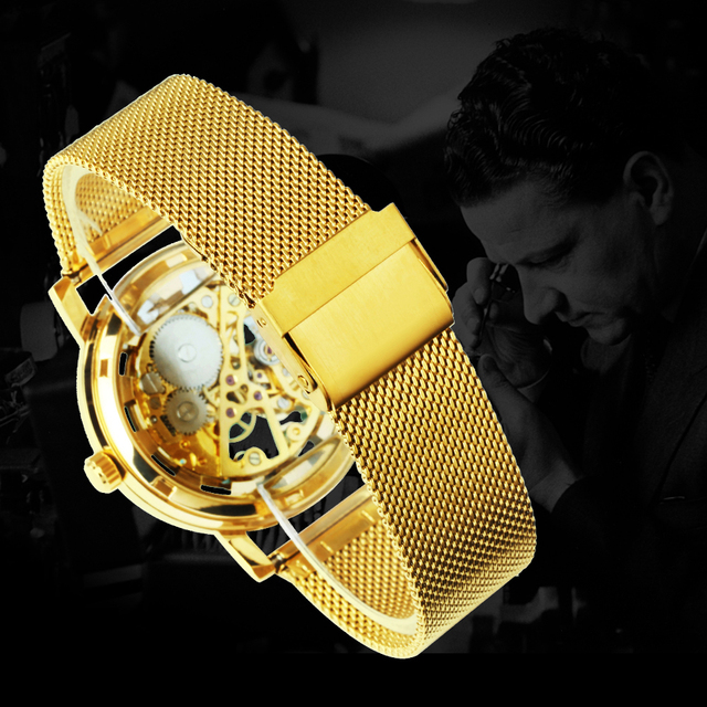 Złoty zegarek damski mechaniczny ze siateczkowym paskiem - Wianko - 8