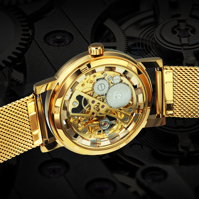 Złoty zegarek damski mechaniczny ze siateczkowym paskiem - Wianko - 9