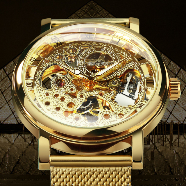 Złoty zegarek damski mechaniczny ze siateczkowym paskiem - Wianko - 3