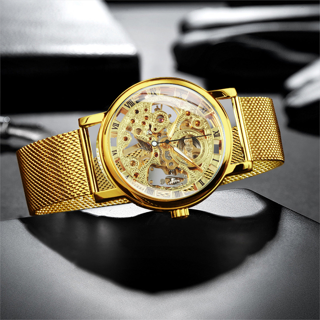 Złoty zegarek damski mechaniczny ze siateczkowym paskiem - Wianko - 5