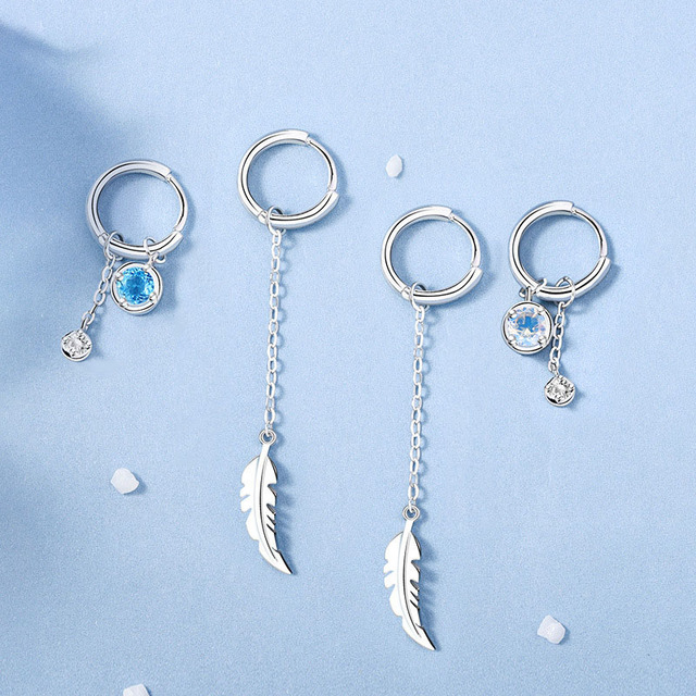 Niebieskie asymetryczne kolczyki wiszące z piórem i cyrkoniami - srebro 925, ręcznie robiona biżuteria dla kobiet - Wianko - 4