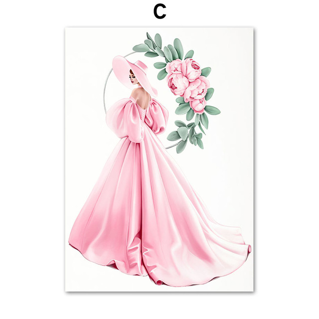 Skandynawska minimalistyczna różowa sukienka z kwiatowym wzorem - elegancka dekoracja do pokoju dziewczyn, obraz na płótnie dla domu - Wianko - 9
