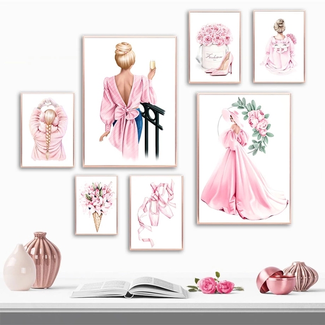 Skandynawska minimalistyczna różowa sukienka z kwiatowym wzorem - elegancka dekoracja do pokoju dziewczyn, obraz na płótnie dla domu - Wianko - 5