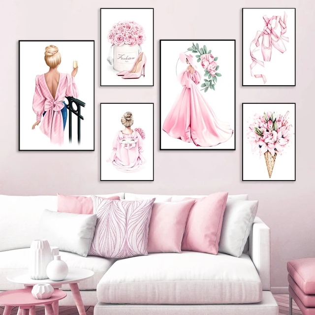 Skandynawska minimalistyczna różowa sukienka z kwiatowym wzorem - elegancka dekoracja do pokoju dziewczyn, obraz na płótnie dla domu - Wianko - 3