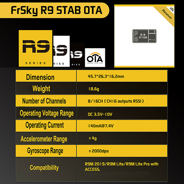 Odbiornik FrSky R9 STAB z autostabilizacją, dostępem OTA i zasięgiem 900MHz (16CH, antena T) - Wianko - 3