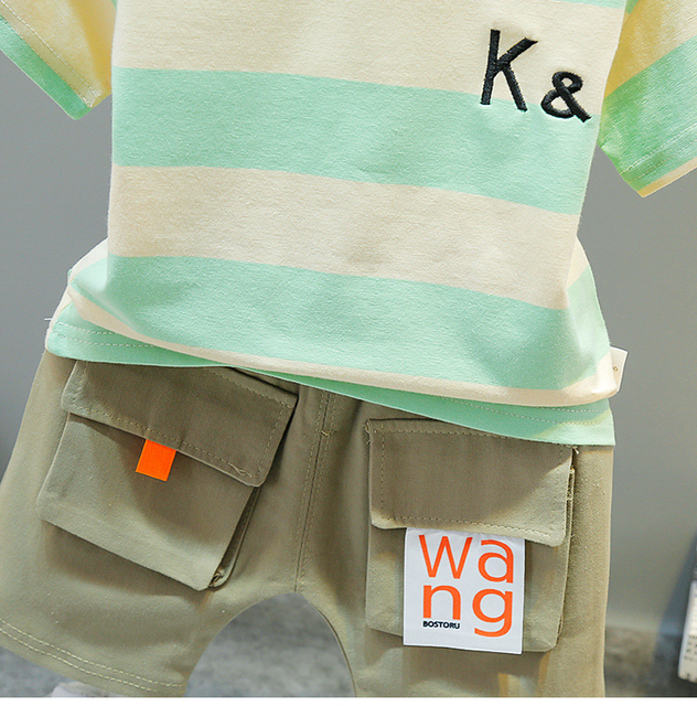 Zestaw dziecięcy T-shirt i krótkie spodenki - letnia kolekcja, nadrukowane pasy, czysta bawełna - Wianko - 10