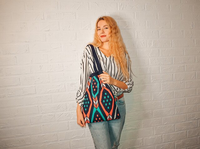 Torba na zakupy Kobieta Knitting Aztec Ibiza - duży uchwyt, wełniana, etniczna, miękka, szydełkowa - Boho Chic, czeski styl - Wianko - 2