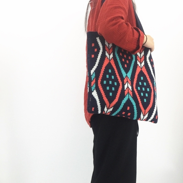 Torba na zakupy Kobieta Knitting Aztec Ibiza - duży uchwyt, wełniana, etniczna, miękka, szydełkowa - Boho Chic, czeski styl - Wianko - 8
