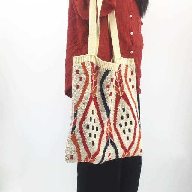 Torba na zakupy Kobieta Knitting Aztec Ibiza - duży uchwyt, wełniana, etniczna, miękka, szydełkowa - Boho Chic, czeski styl - Wianko - 6